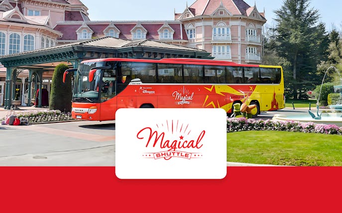 Shuttle bus parked at Disneyland Paris hotel entrance for CDG/ORY airport transfer.