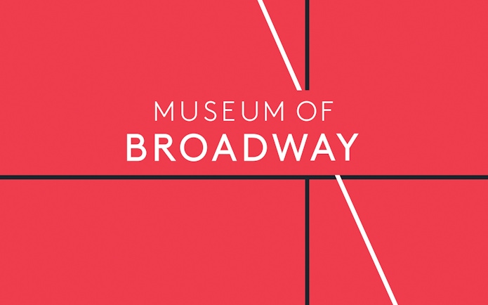 Museum of Broadway logo on a red background with geometric lines.