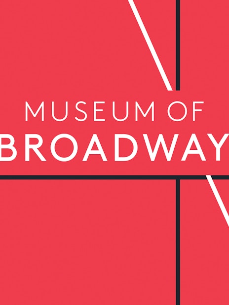 Museum of Broadway logo on a red background with geometric lines.