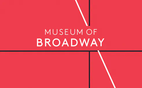 Museum of Broadway logo on a red background with geometric lines.