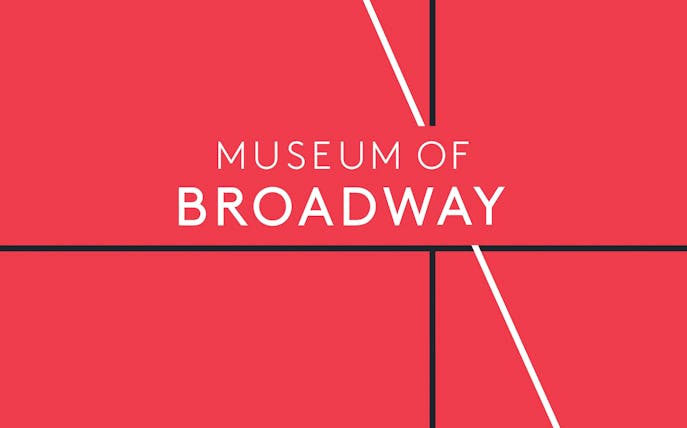 Museum of Broadway logo on a red background with geometric lines.