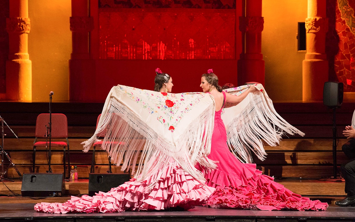 Flamenco dancers performing at Palau de La Música Catalana in Barcelona.