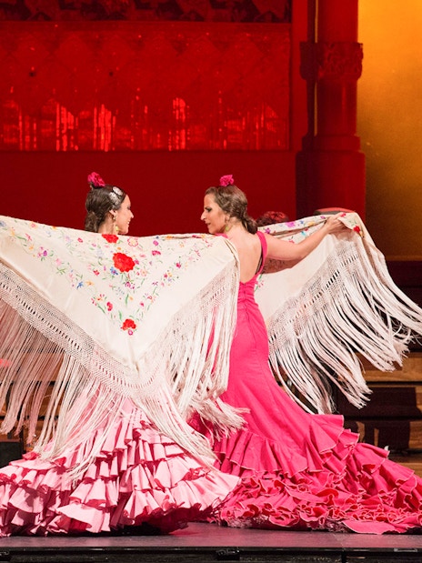 Flamenco dancers performing at Palau de La Música Catalana in Barcelona.
