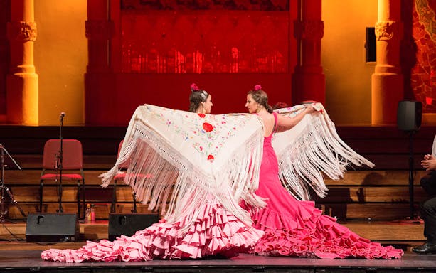 Flamenco dancers performing at Palau de La Música Catalana in Barcelona.