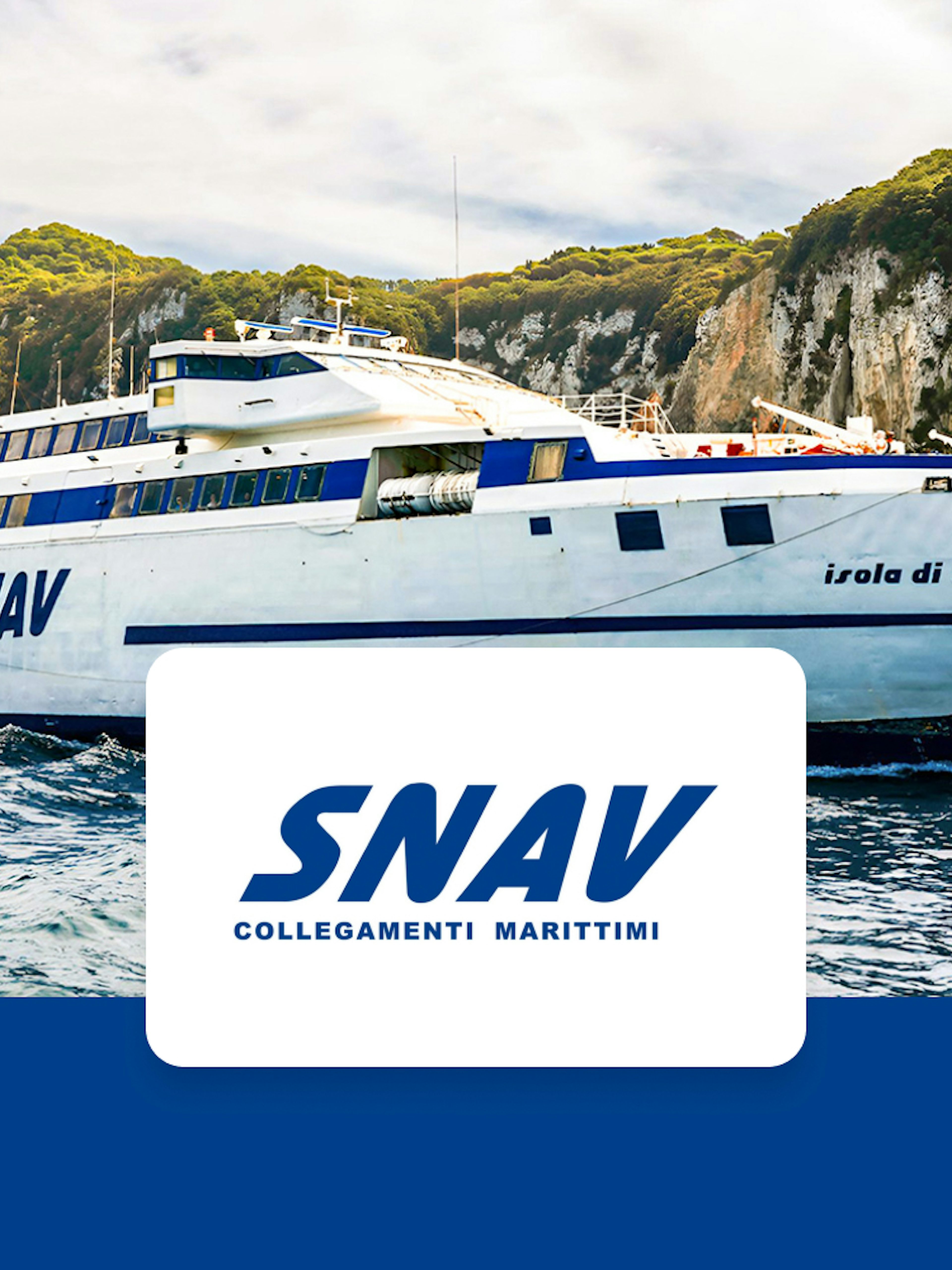 SNAV ferry sailing near Capri cliffs, route Naples to Capri.