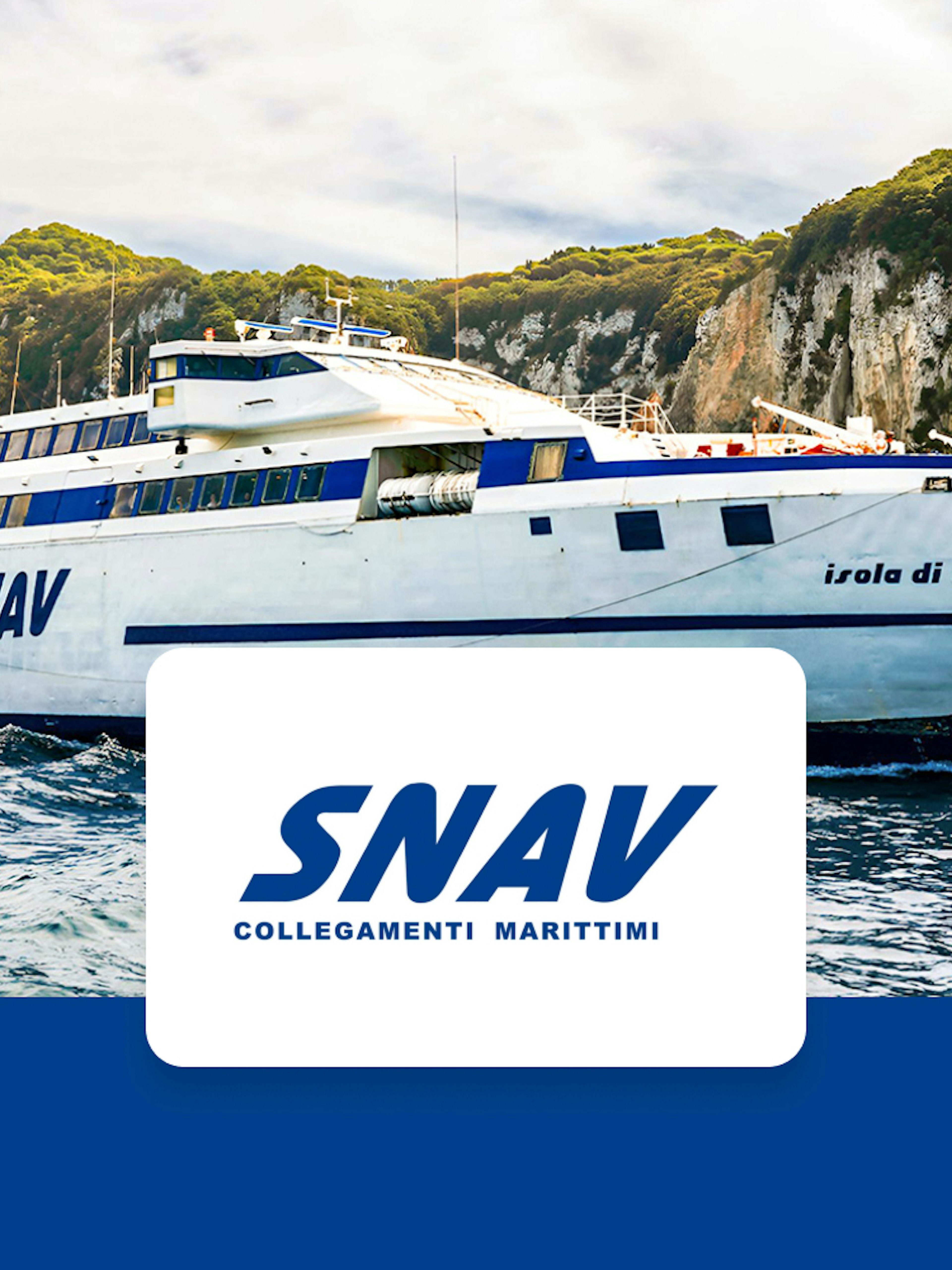 SNAV ferry sailing near Capri cliffs, route Naples to Capri.