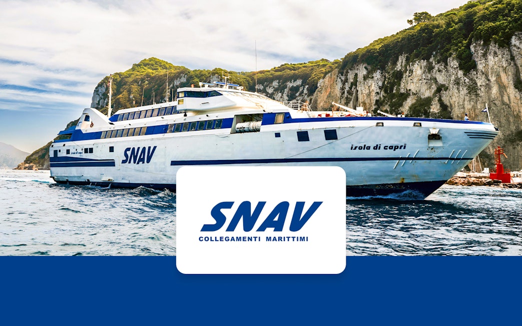 SNAV ferry sailing near Capri cliffs, route Naples to Capri.
