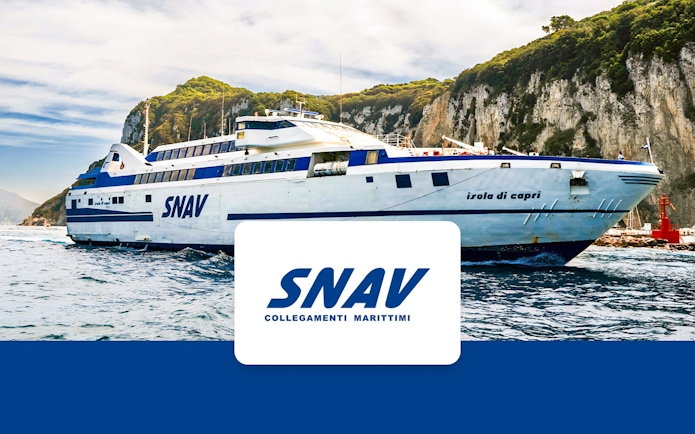 SNAV ferry sailing near Capri cliffs, route Naples to Capri.