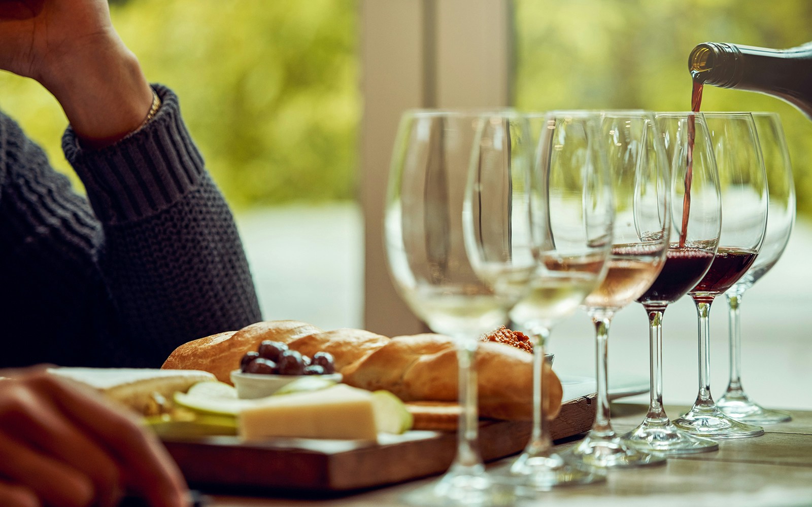 Wine tasting with bread and cheese platter at a Polish vineyard.