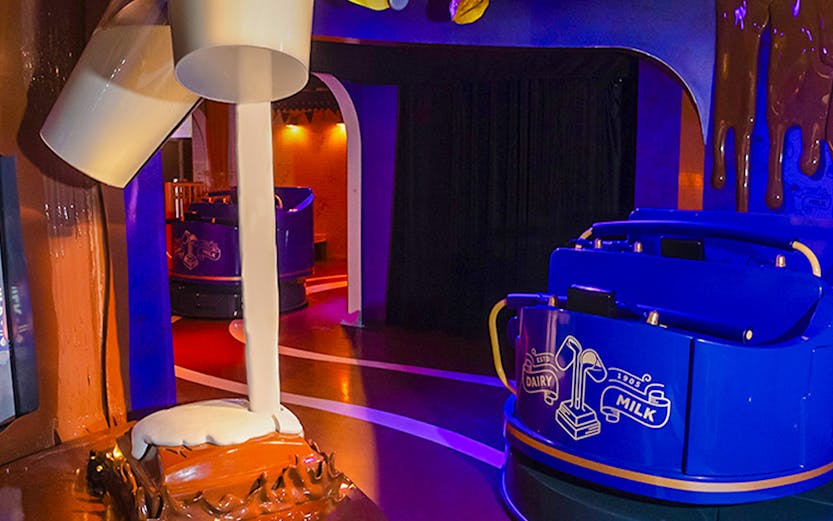 Cadbury World interior with chocolate-making exhibit in Birmingham, UK.