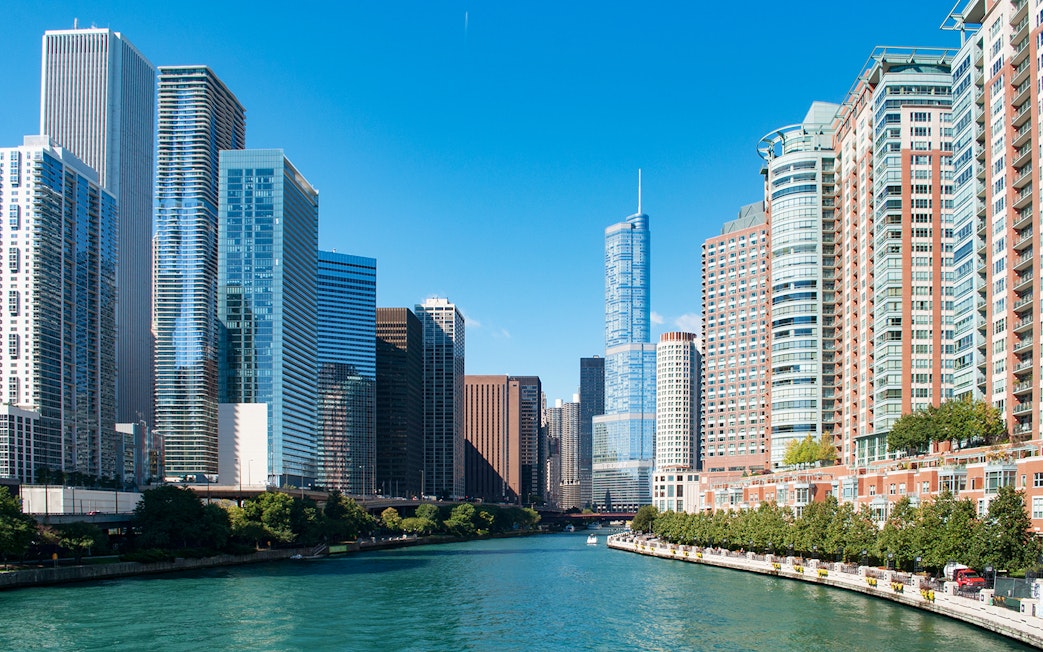 Chicago skyline along the river viewed from the 90 Min Chicago River Architecture Cruise.