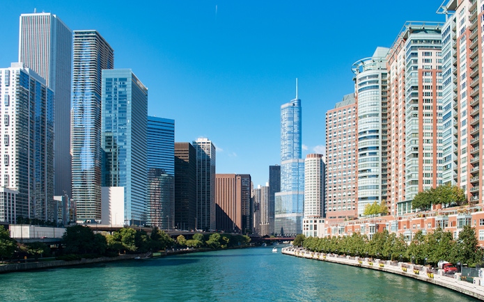 Chicago skyline along the river viewed from the 90 Min Chicago River Architecture Cruise.