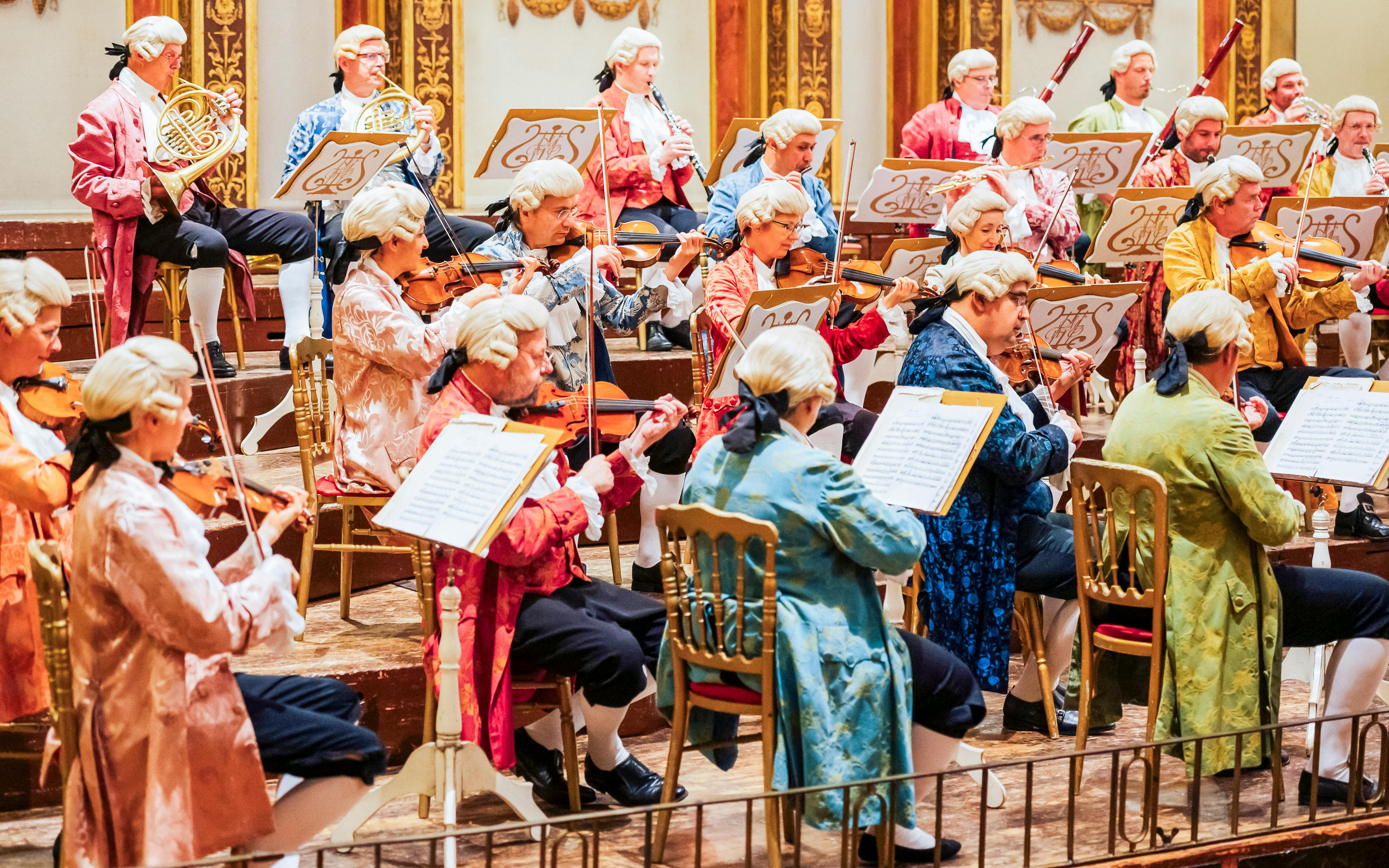 Musicians in period costumes performing at a Mozart Orchestra Concert.