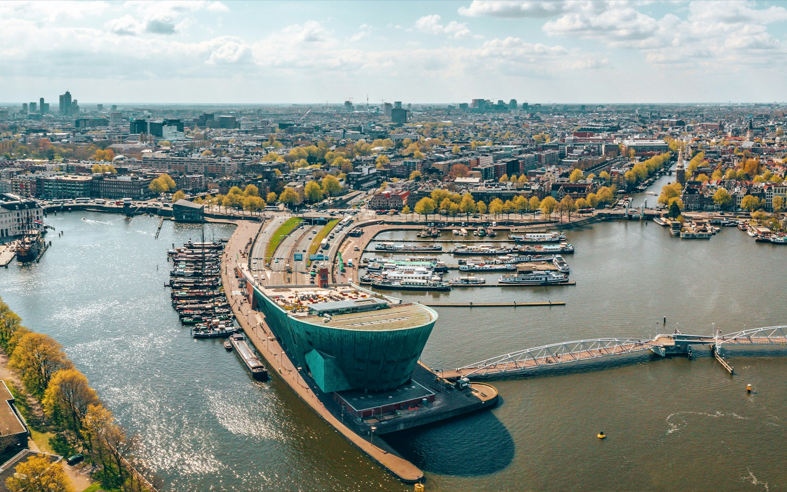 Aerial view of NEMO Science Museum and Amsterdam waterfront.