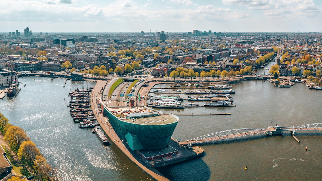 Aerial view of NEMO Science Museum and Amsterdam waterfront.