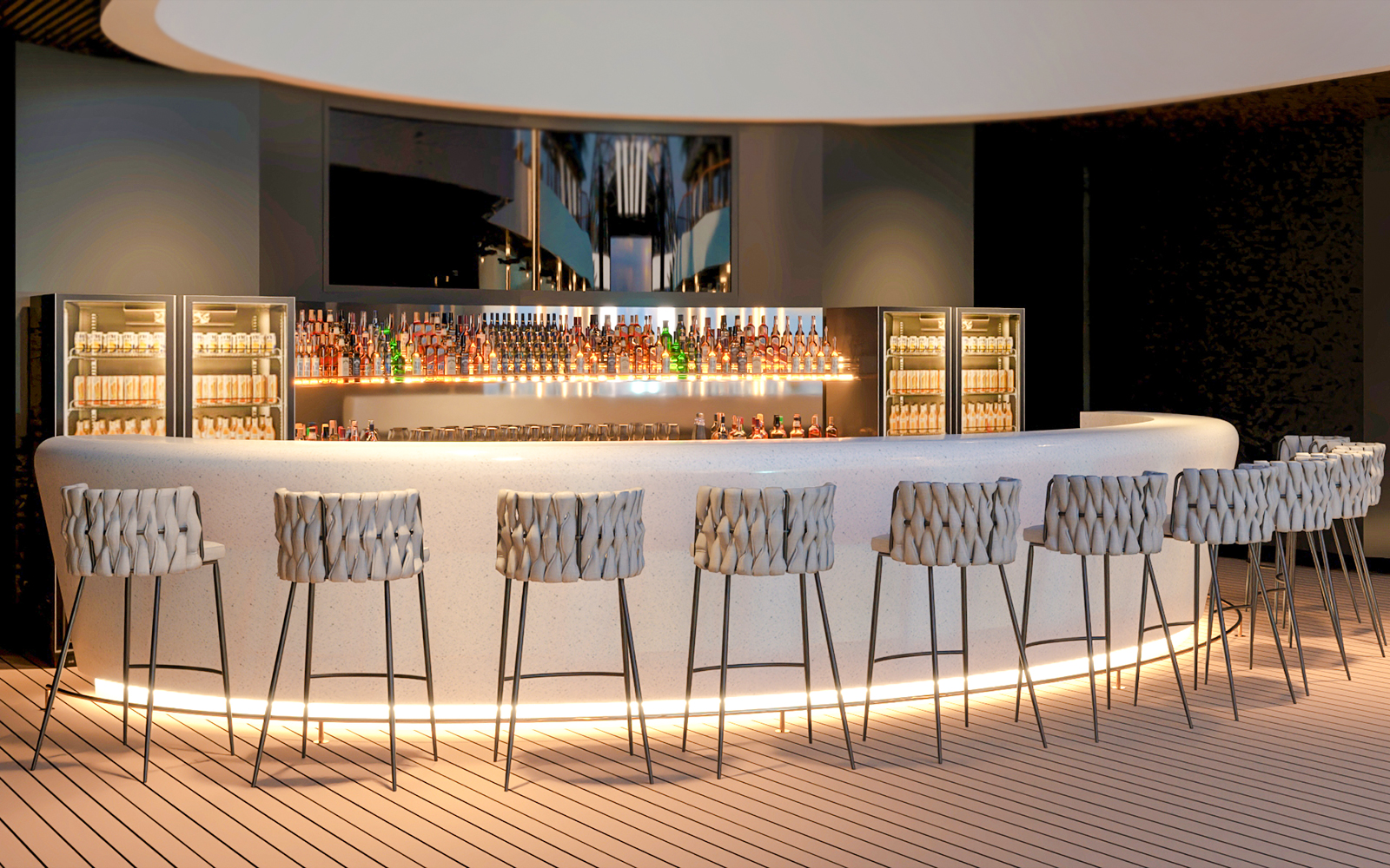Curved bar counter with stools and illuminated shelves displaying bottles.