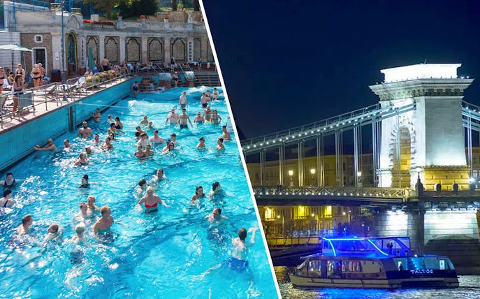 Gellert Bath visitors enjoying the pool and a dinner cruise boat on the Danube at night.