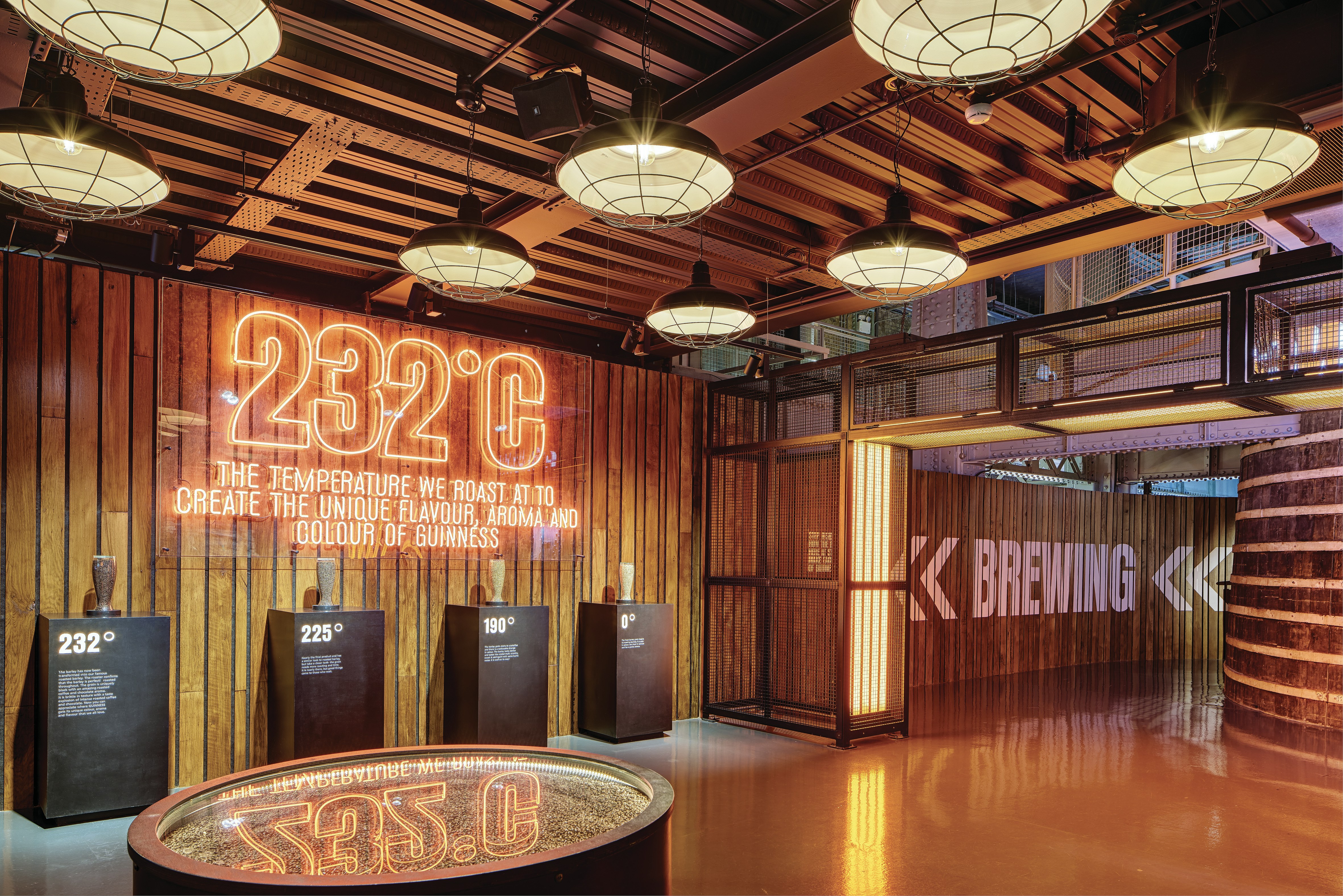 Guinness Storehouse display showing roasting temperature of 232°C for flavor creation.