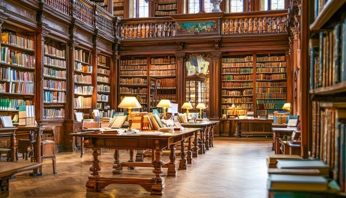 Library interior with wooden shelves filled with books and reading tables with lamps.