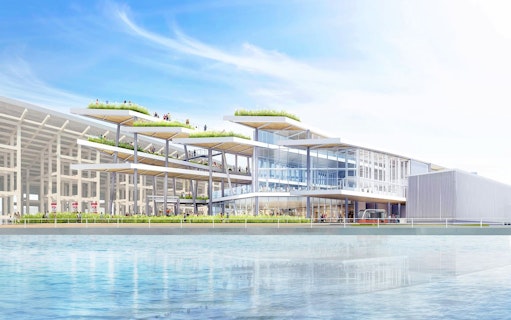 EXPO National Day Hall at Expo 2025 in Osaka, Kansai, with modern architecture and rooftop gardens.