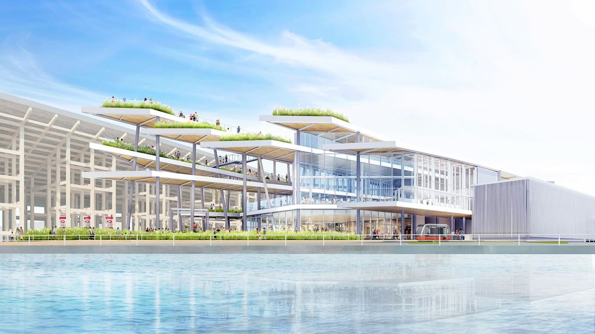 EXPO National Day Hall at Expo 2025 in Osaka, Kansai, with modern architecture and rooftop gardens.