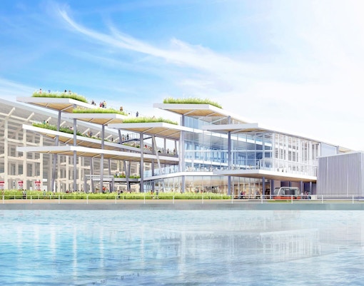 EXPO National Day Hall at Expo 2025 in Osaka, Kansai, with modern architecture and rooftop gardens.