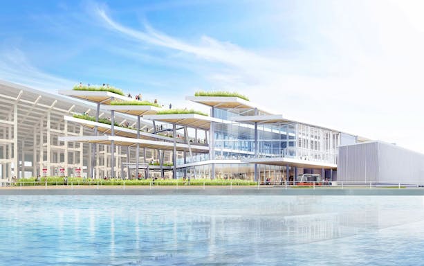 EXPO National Day Hall at Expo 2025 in Osaka, Kansai, with modern architecture and rooftop gardens.
