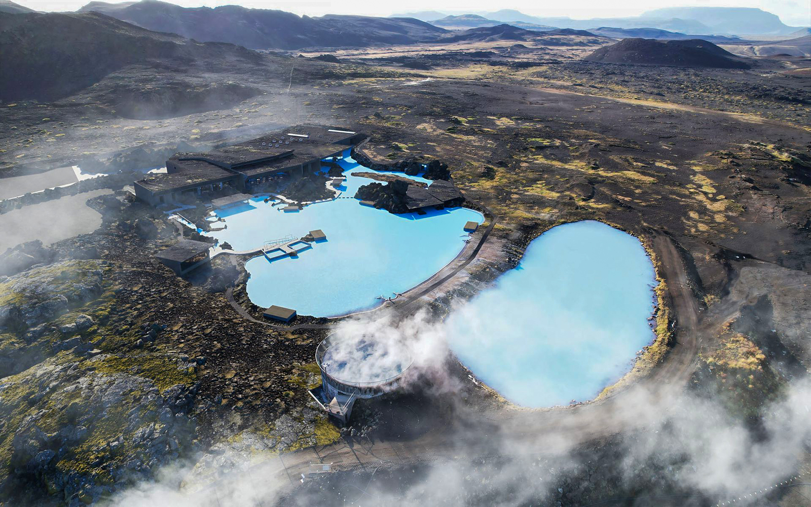 Aerial view of Myvatn Nature Baths with geothermal pools in Iceland.