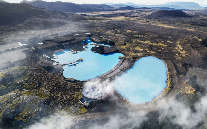 Aerial view of Myvatn Nature Baths with geothermal pools in Iceland.