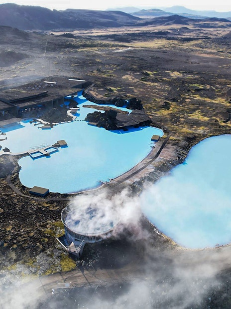 Aerial view of Myvatn Nature Baths with geothermal pools in Iceland.