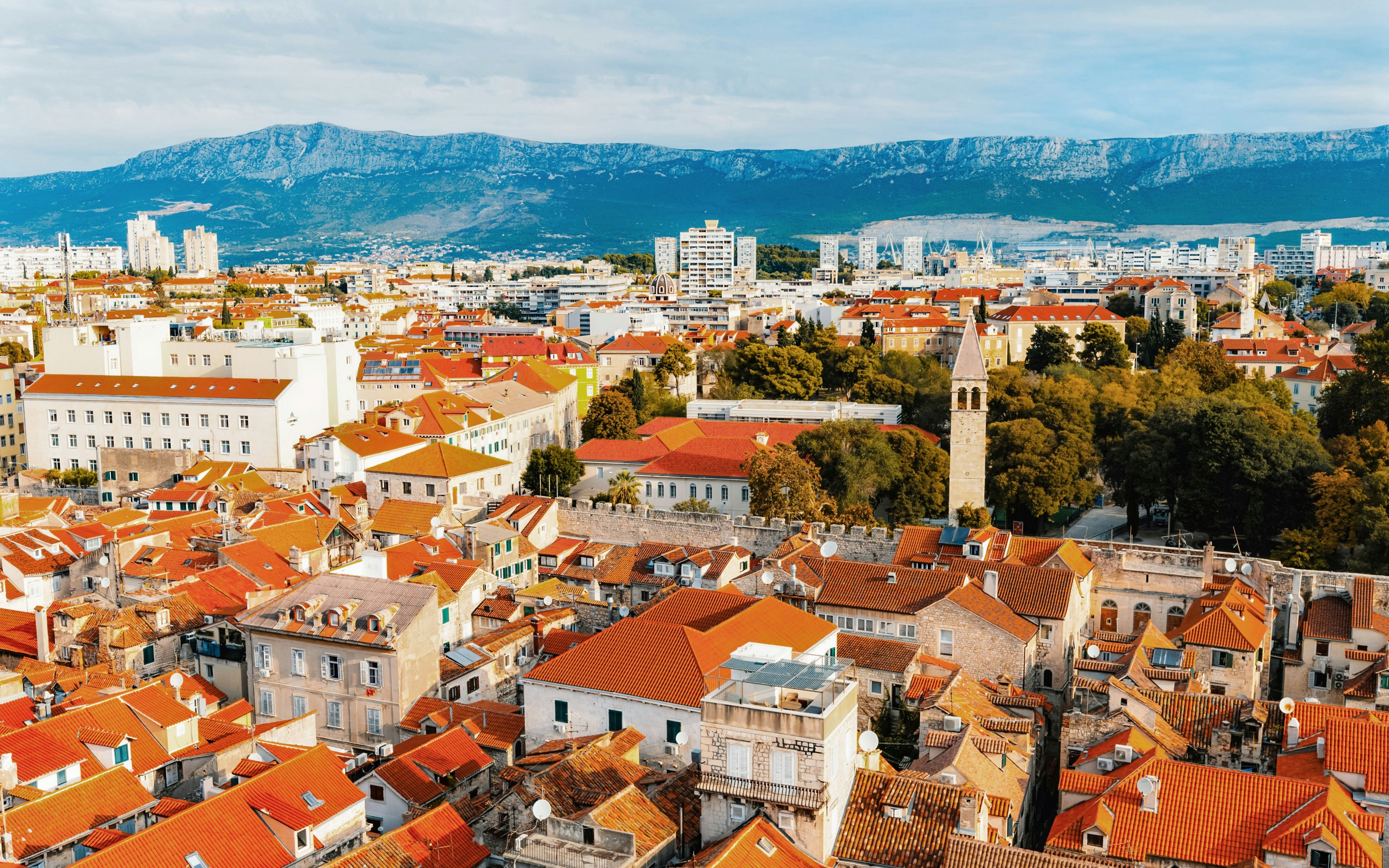 Aerial view of Split old town and Diocletian's Palace from Saint Domnius Cathedral, Croatia.