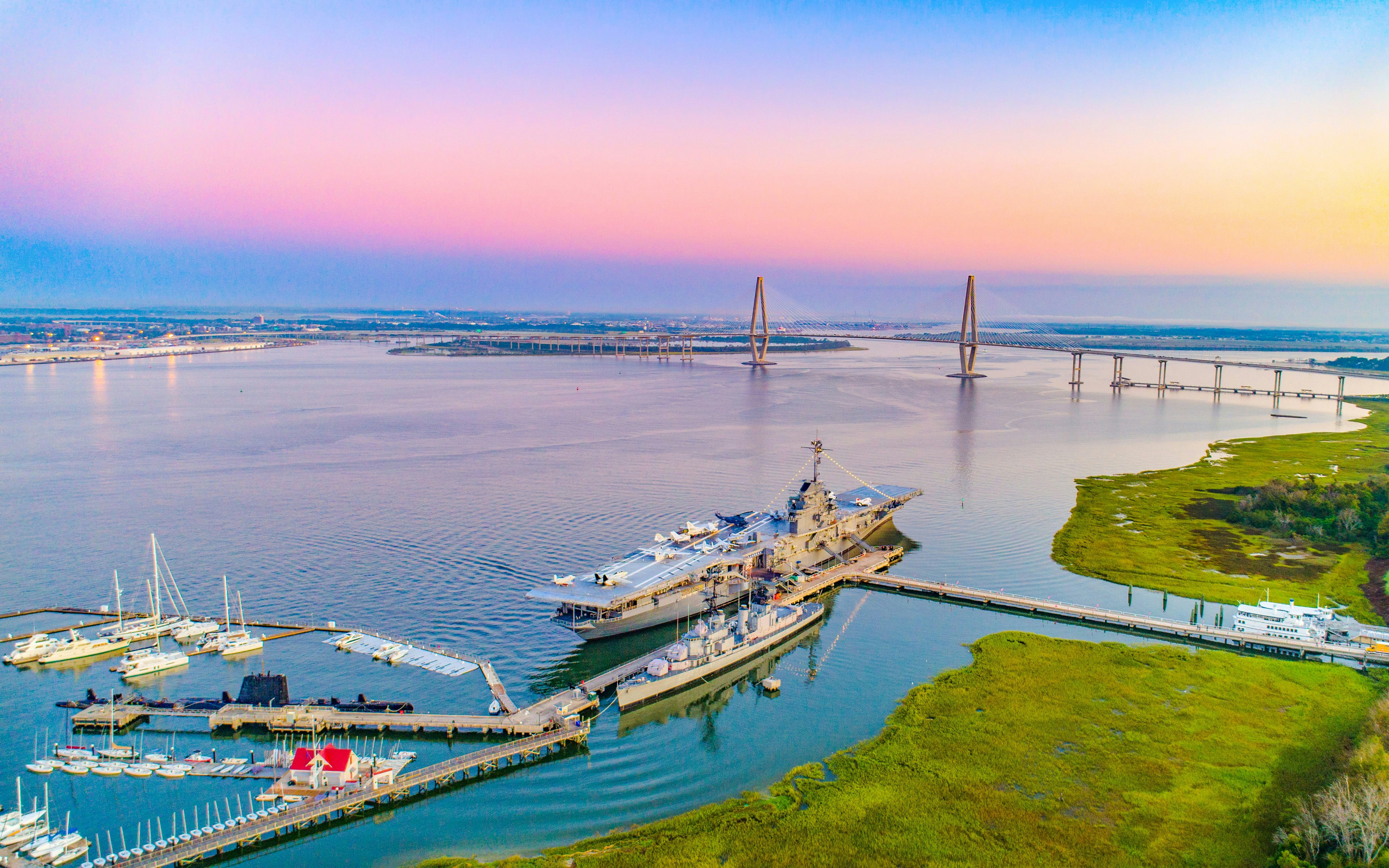 Patriot's Point aerial view with USS Yorktown and Arthur Ravenel Jr. Bridge, Charleston, South Carolina.