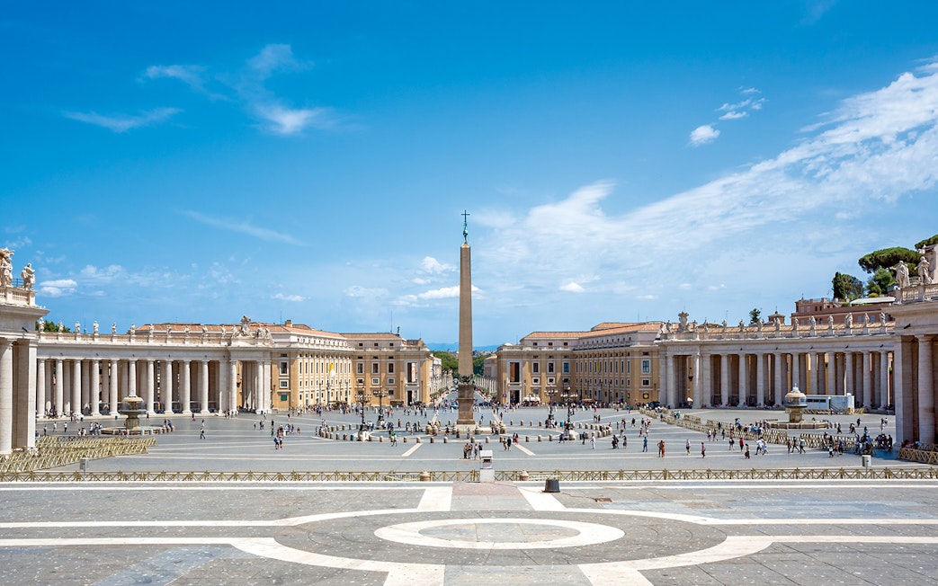 St. Peter’s Square with obelisk, Vatican City, part of English guided tour.