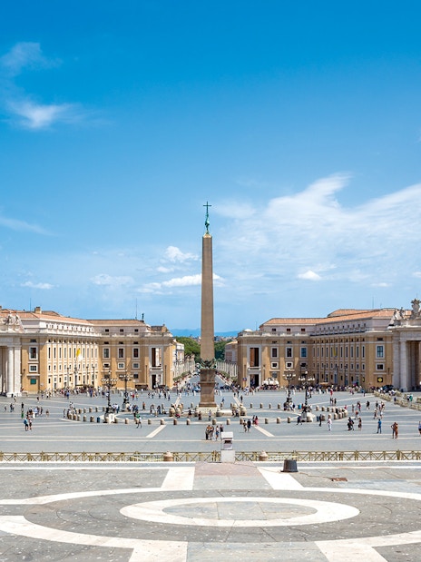 St. Peter’s Square with obelisk, Vatican City, part of English guided tour.