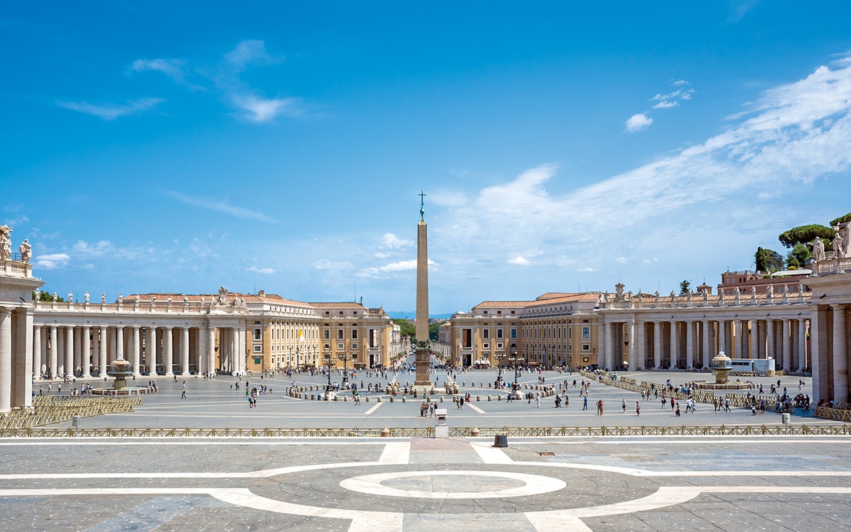 St. Peter’s Square with obelisk, Vatican City, part of English guided tour.
