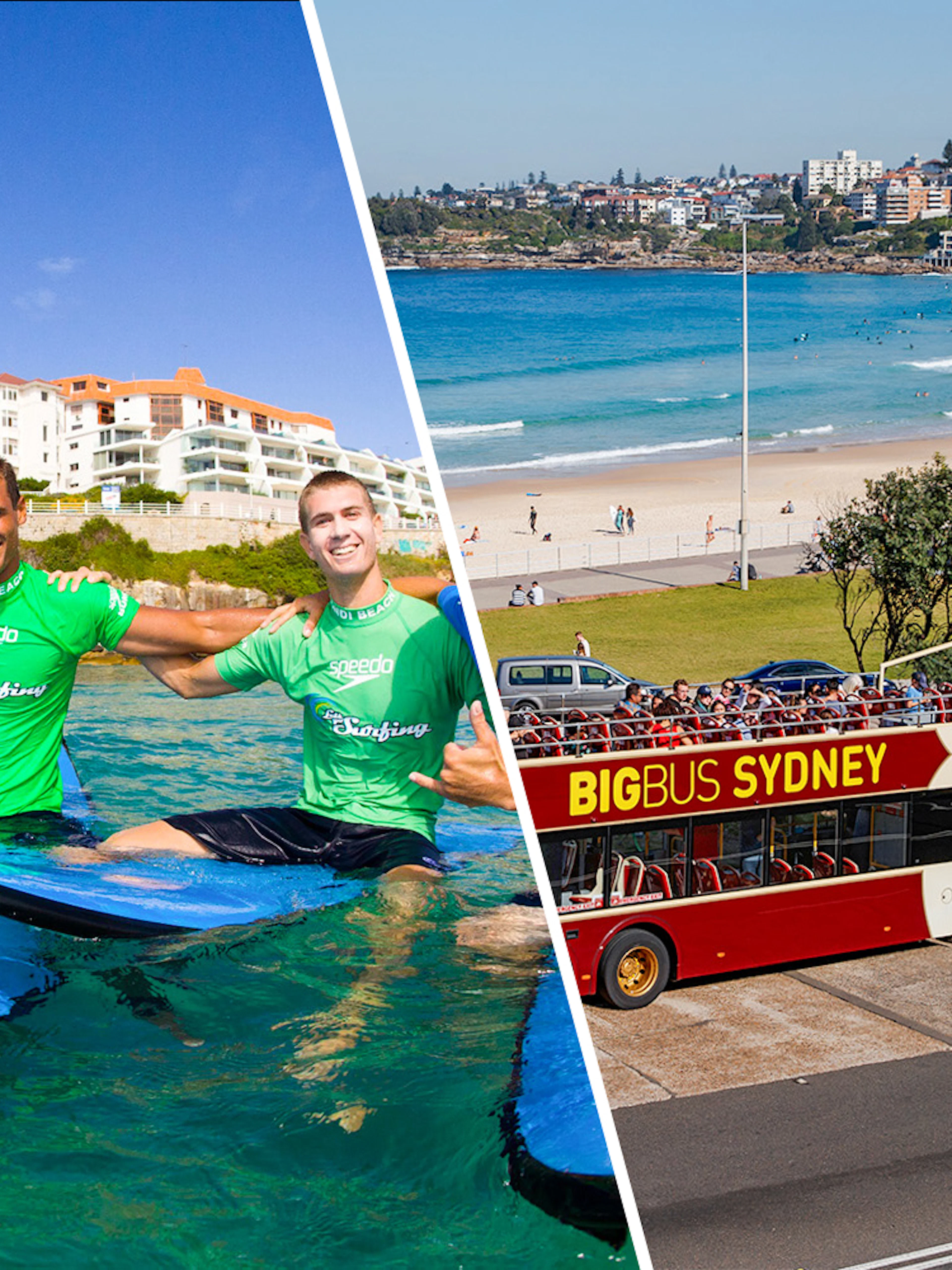 Surf lesson at Bondi Beach and Big Bus Sydney tour.