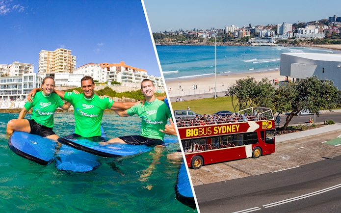 Surf lesson at Bondi Beach and Big Bus Sydney tour.