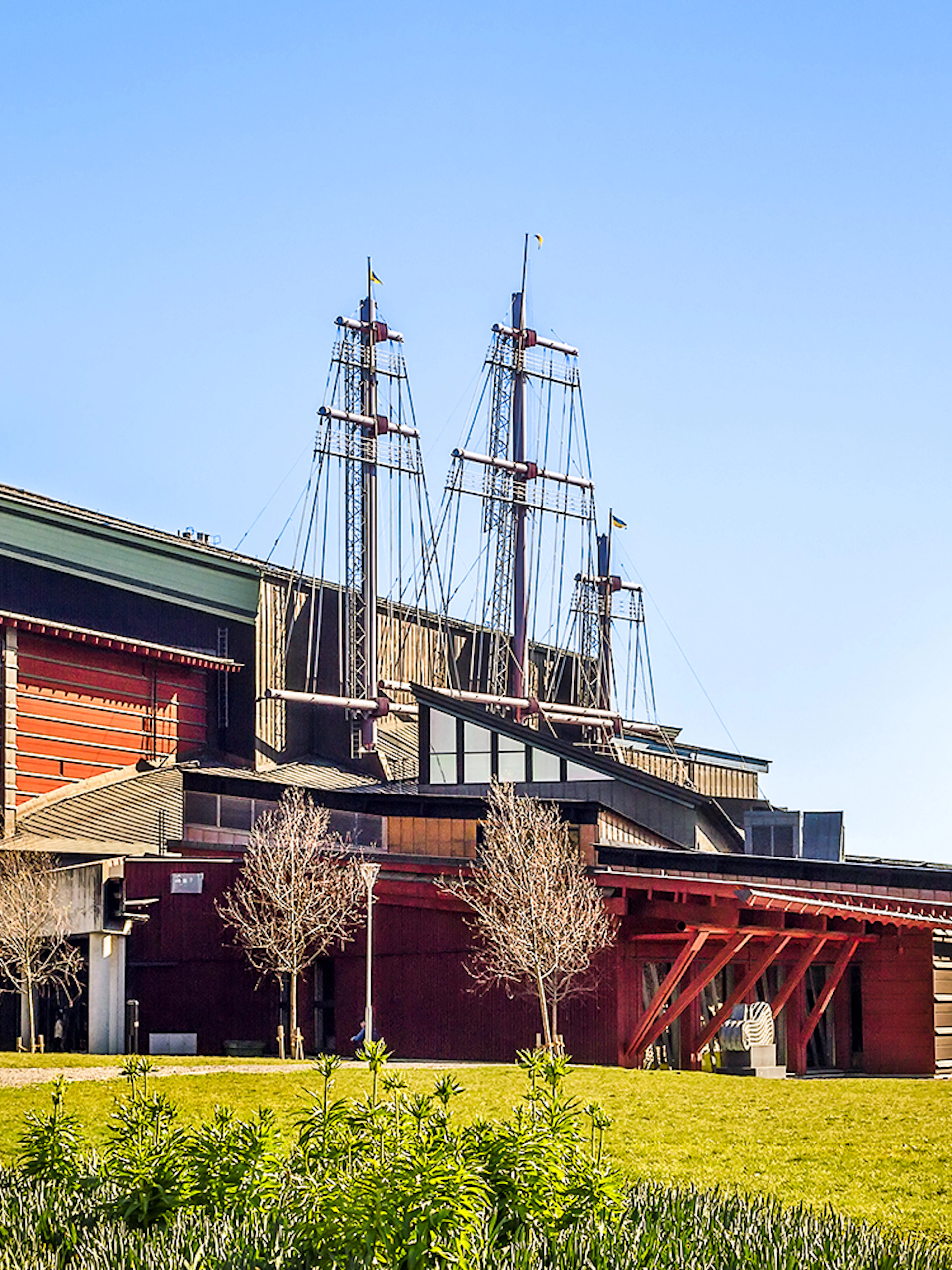 Vasa Museum exterior with ship masts in Stockholm.