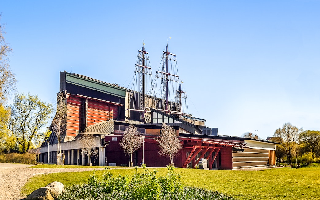 Vasa Museum exterior with ship masts in Stockholm.