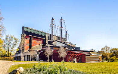 Vasa Museum exterior with ship masts in Stockholm.