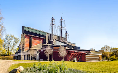Vasa Museum exterior with ship masts in Stockholm.
