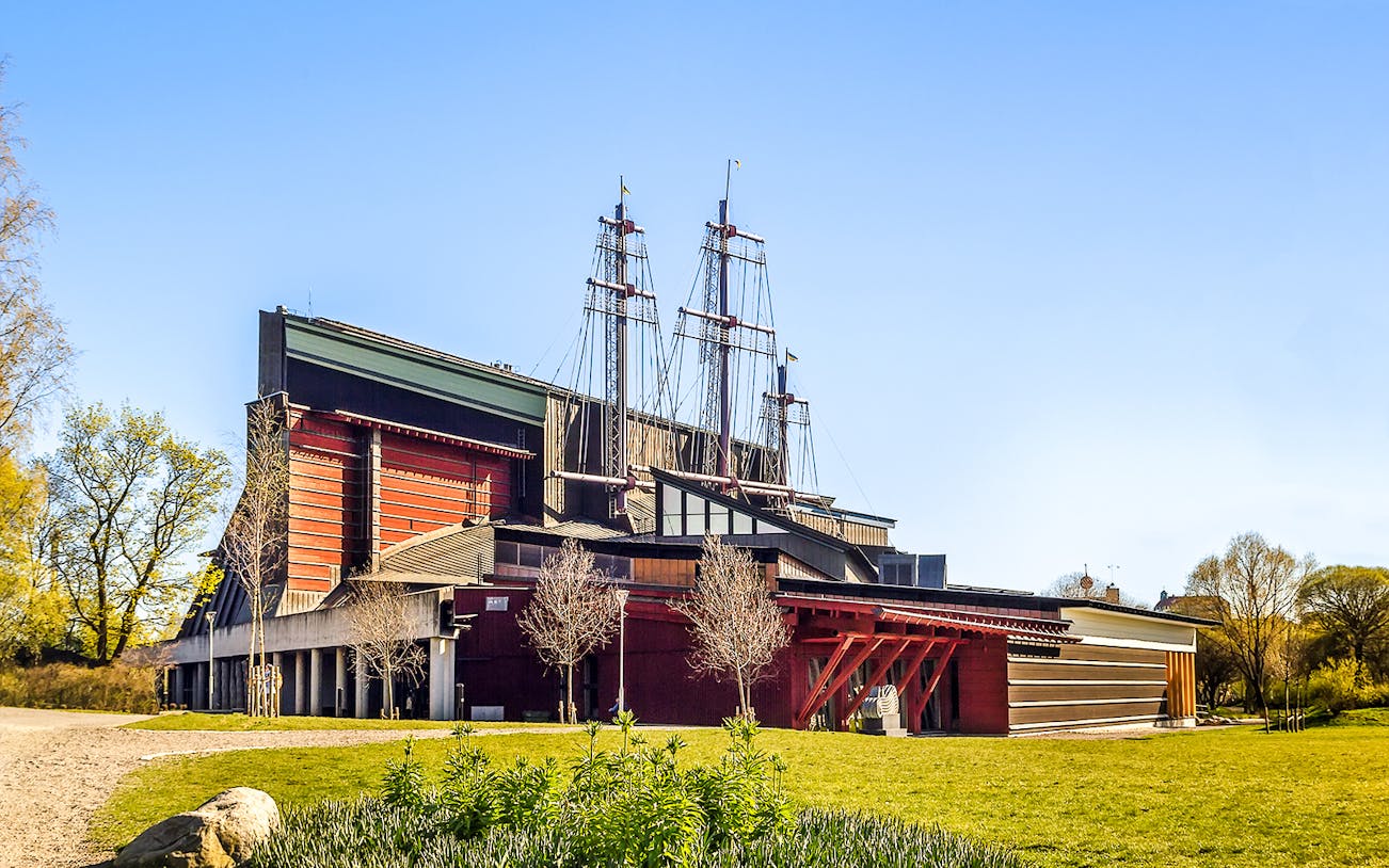 Vasa Museum exterior with ship masts in Stockholm.