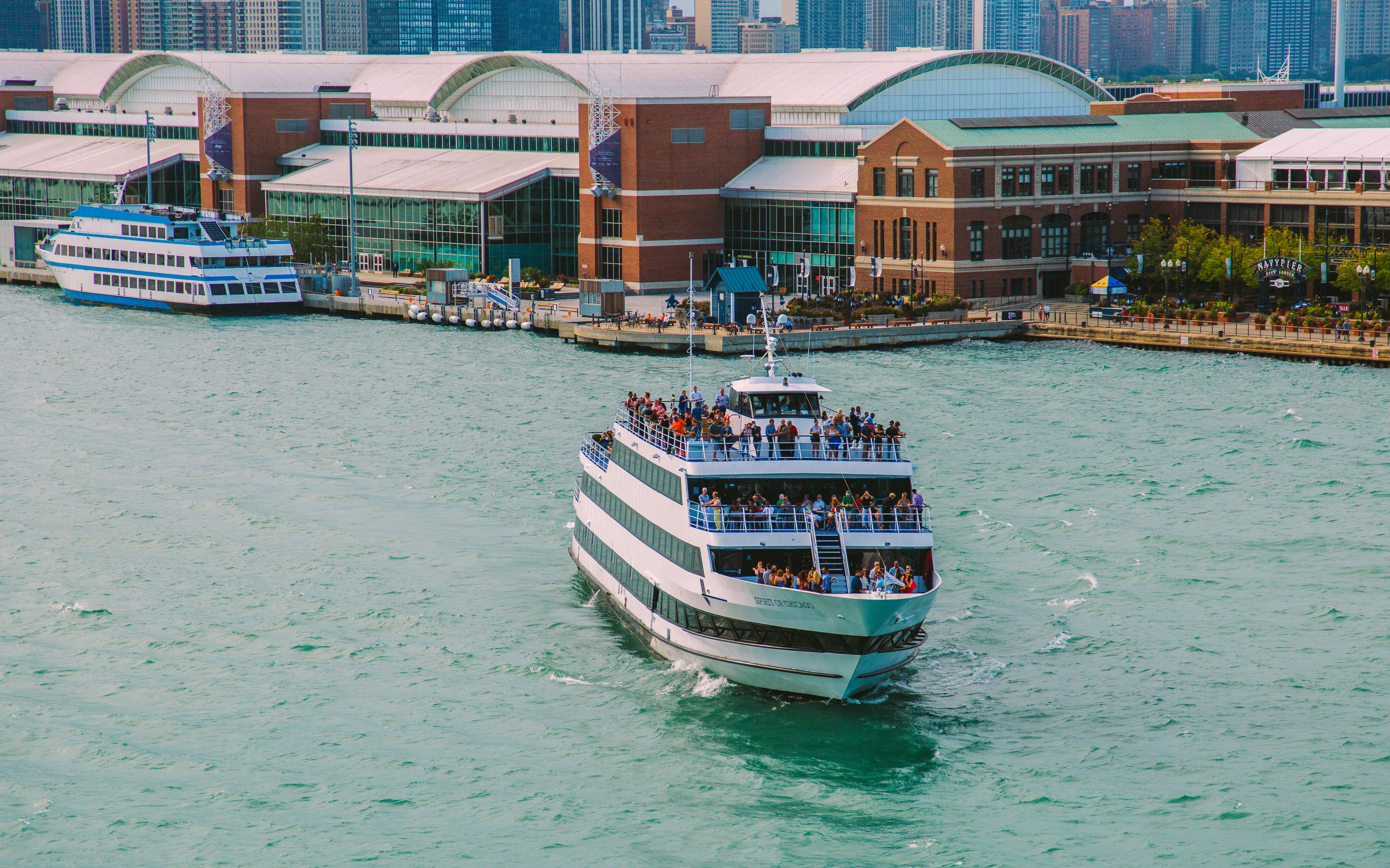 Dinner cruise ship on Lake Michigan near Navy Pier, Chicago.