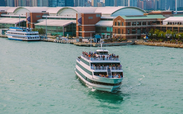 Dinner cruise ship on Lake Michigan near Navy Pier, Chicago.