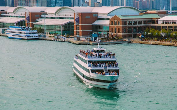 Dinner cruise ship on Lake Michigan near Navy Pier, Chicago.