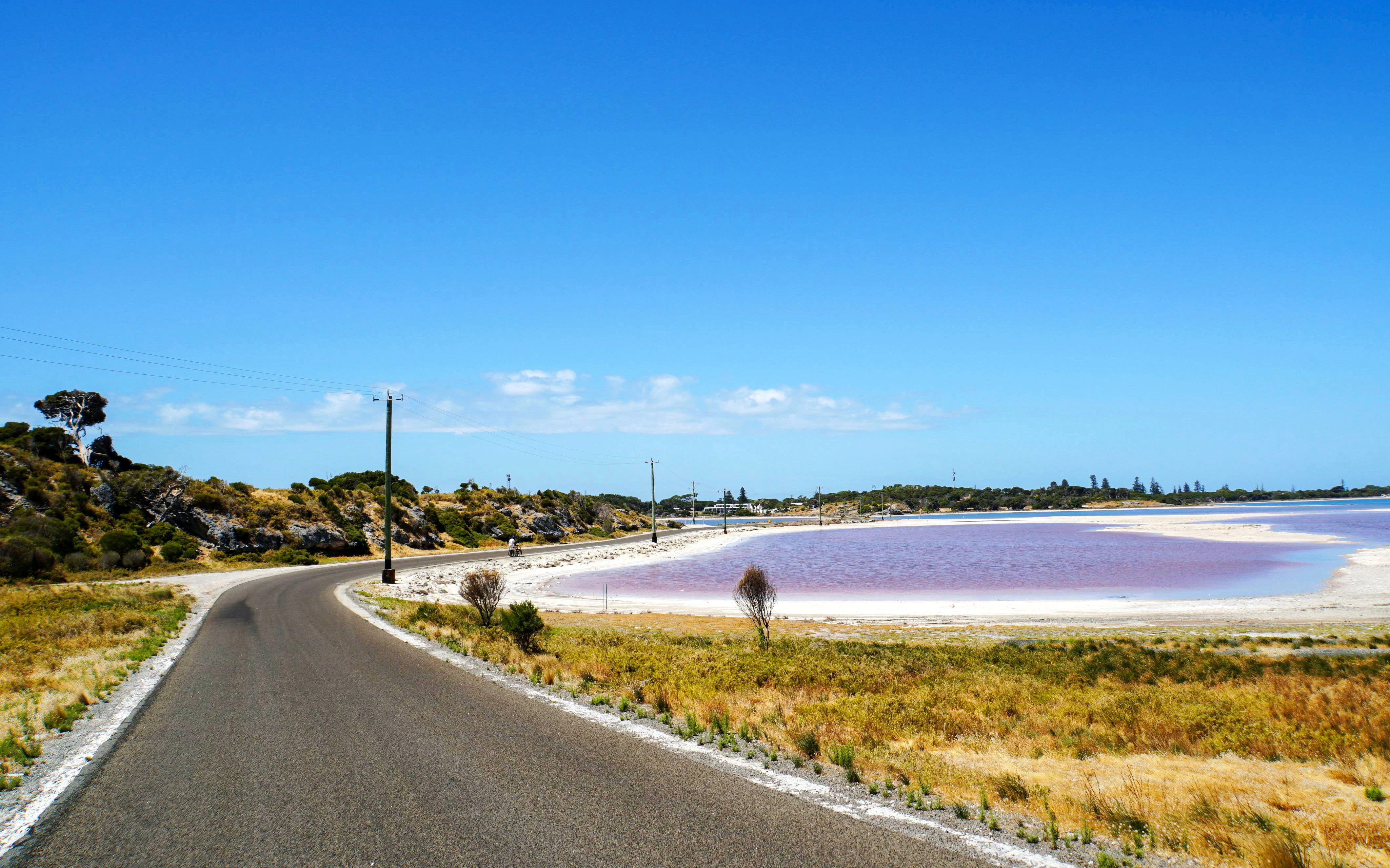 Salt Lake with pink hue and road on Rottnest Island, Western Australia.