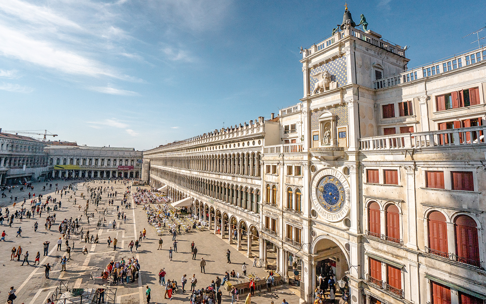 View of Piazza San Macro and St.mark basilica . The main sqaure and landmarks in Venice at noon before autumn season , Venice , Italy