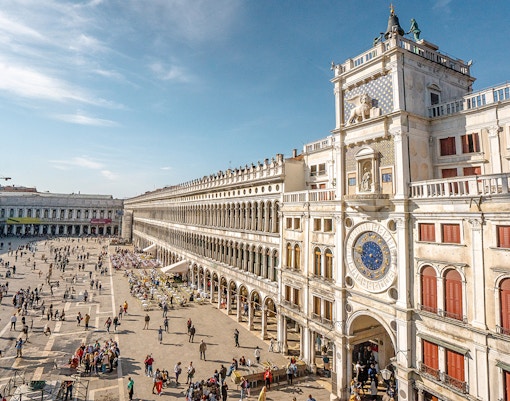 View of Piazza San Macro and St.mark basilica . The main sqaure and landmarks in Venice at noon before autumn season , Venice , Italy