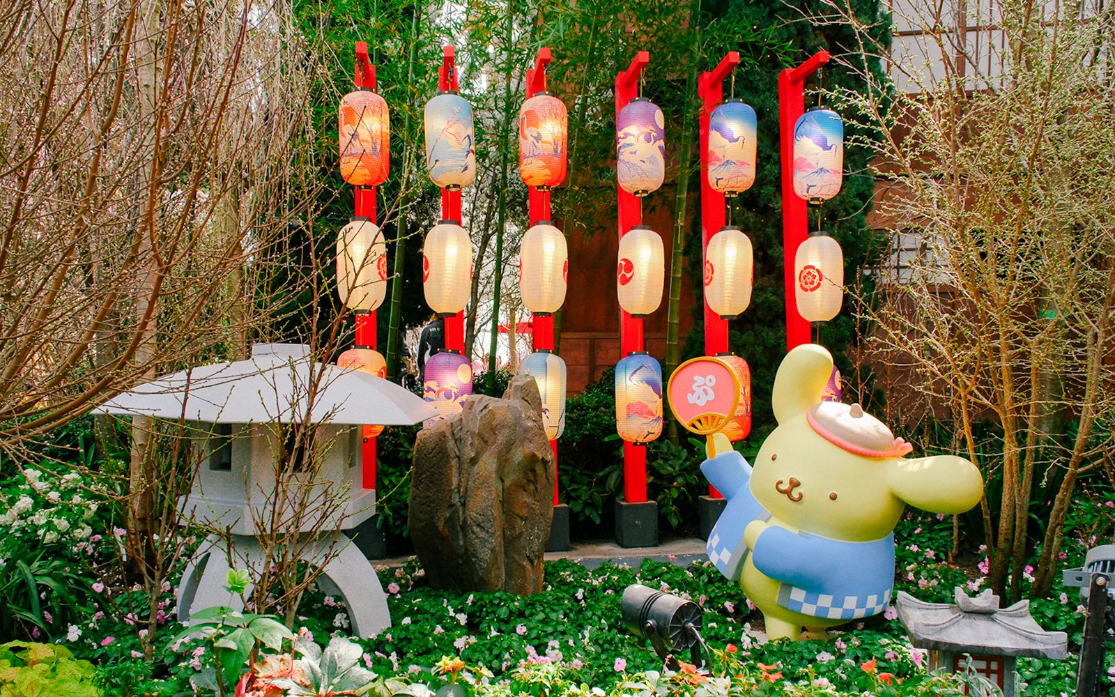 Lantern display and character statue at Gardens by the Bay Sakura event.