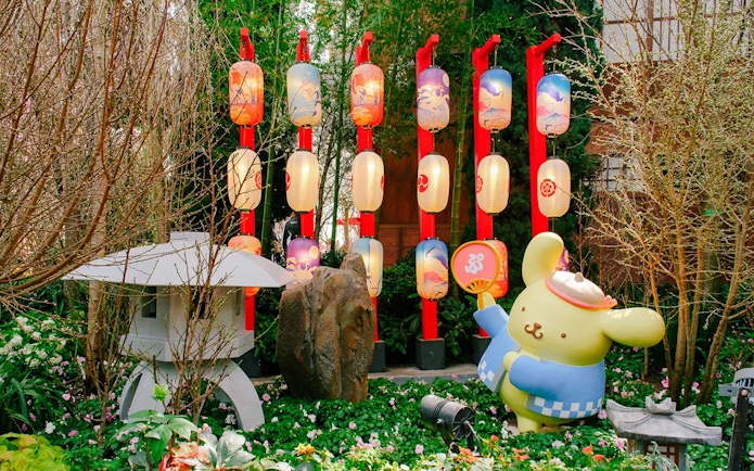 Lantern display and character statue at Gardens by the Bay Sakura event.